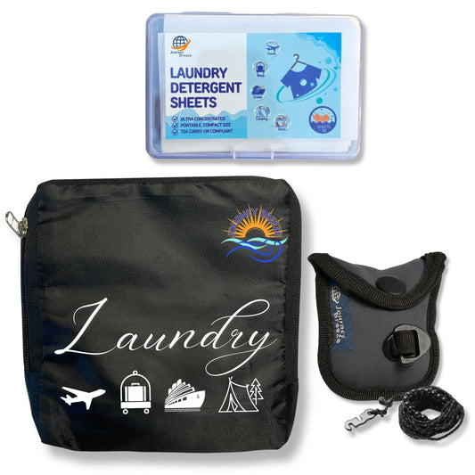 Hand & machine wash detergent sheets with clothesline and foldable bag.