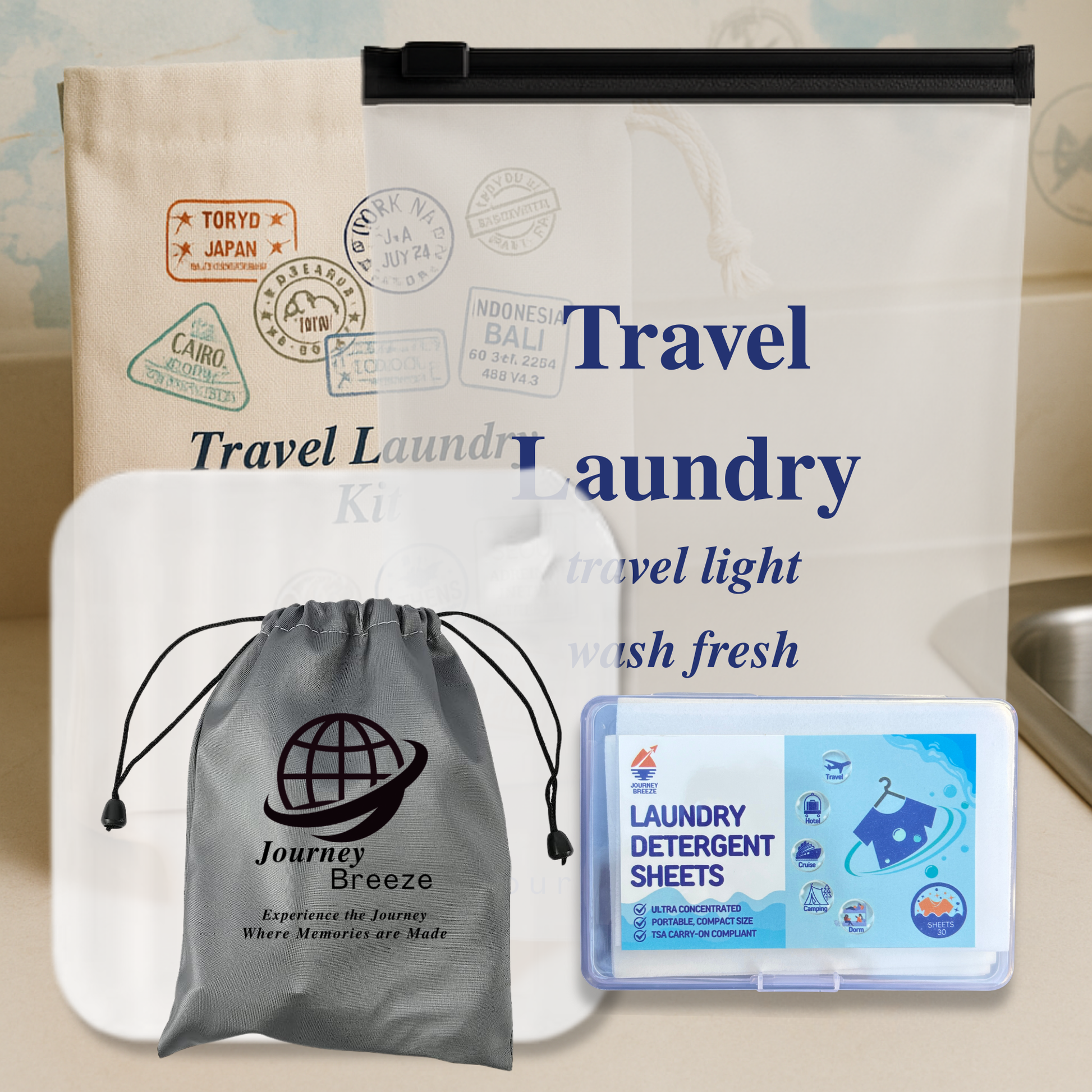 Journey Breeze travel laundry kit with detergent sheets, canvas pouch, and reusable zip bag