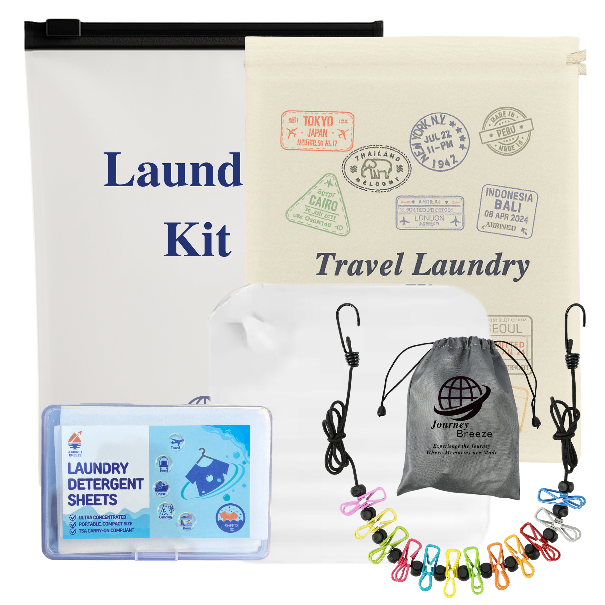 Journey Breeze travel laundry kit with detergent sheets, portable clothesline, and canvas pouch