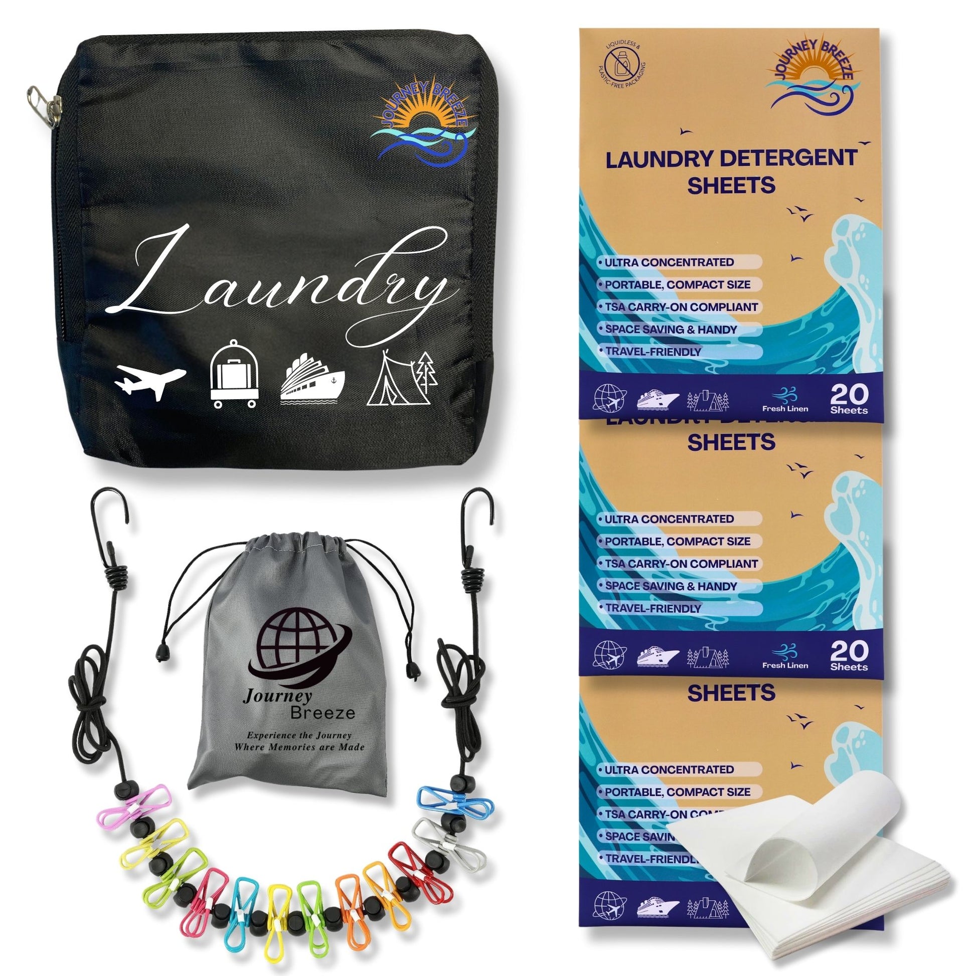 Journey Breeze travel laundry kit with detergent sheets, foldable laundry bag, clothesline with clips, and frosted zip pouch