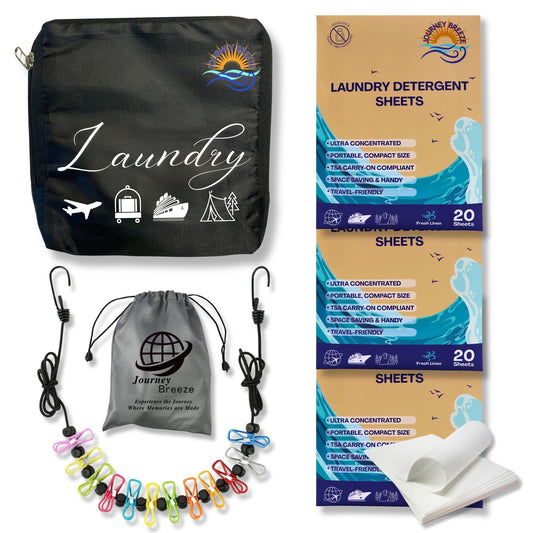 Journey Breeze travel laundry kit with detergent sheets, foldable laundry bag, clothesline with clips, and frosted zip pouch