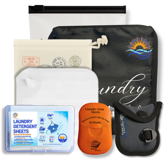 Journey Breeze travel laundry kit with detergent sheets, beaded clothesline, sink stopper, canvas bag, and frosted zip pouch