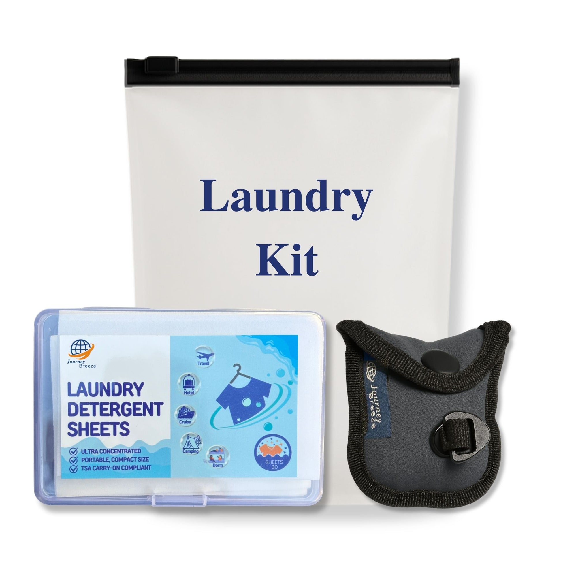 Journey Breeze travel laundry kit with detergent sheets for sink or machine wash, clothesline, and zip pouch
