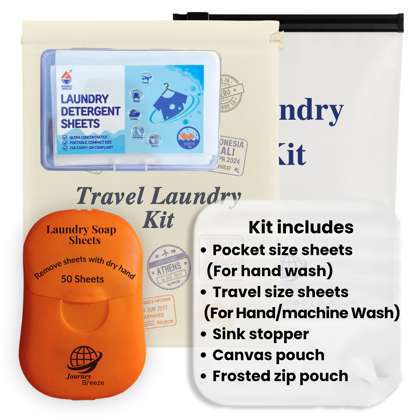 Journey Breeze travel laundry kit with hand and machine wash detergent sheets, sink stopper, and pouches