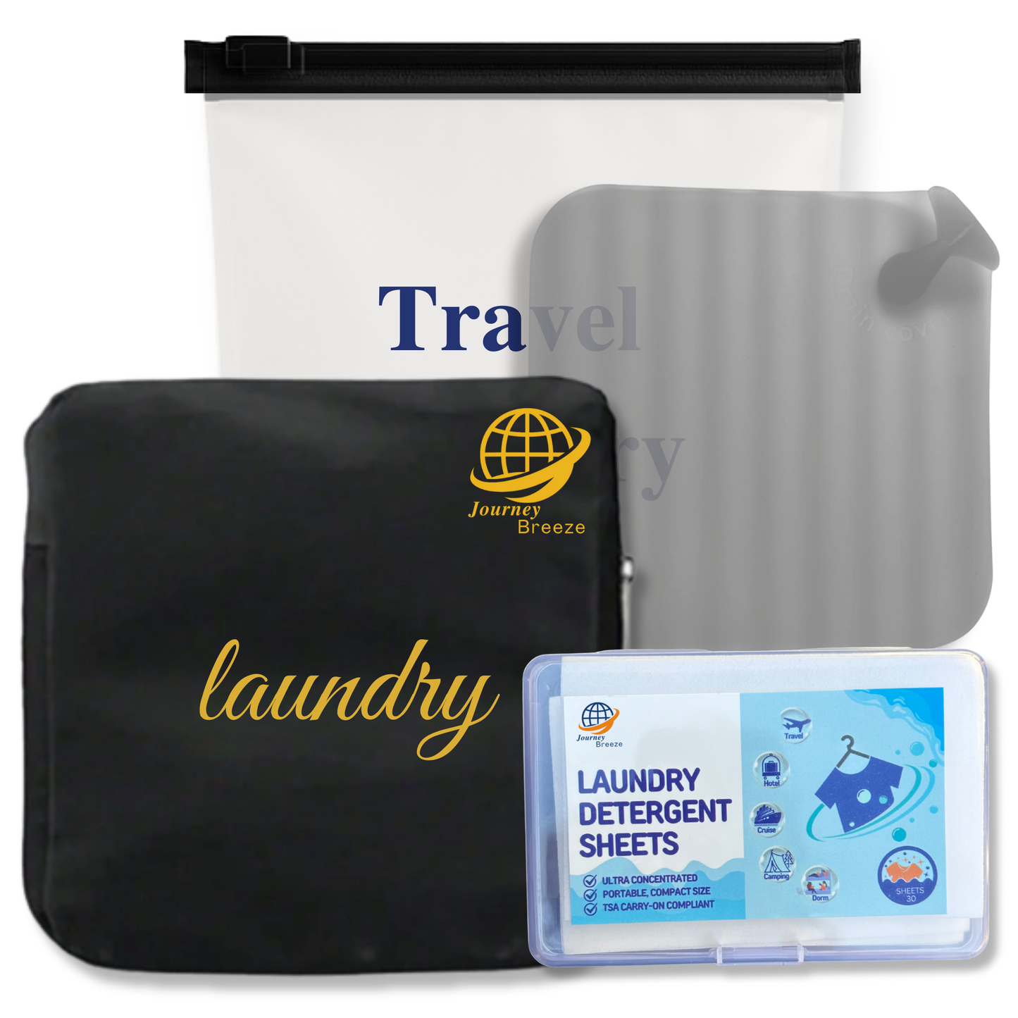 Travel laundry kit with detergent sheets, foldable laundry bag, sink stopper, and zip pouch by Journey Breeze