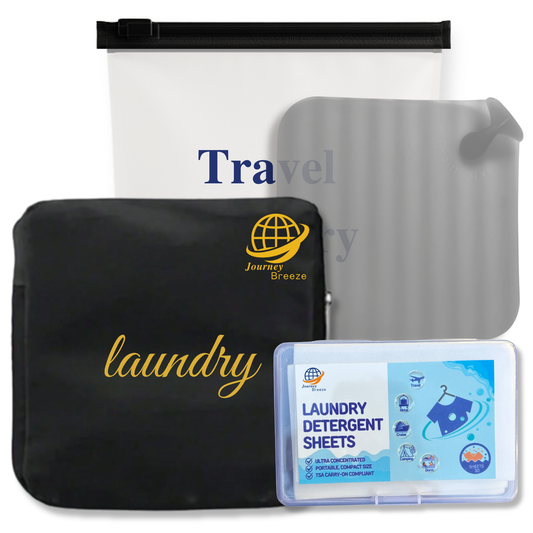 Travel laundry kit with detergent sheets, foldable laundry bag, sink stopper, and zip pouch by Journey Breeze