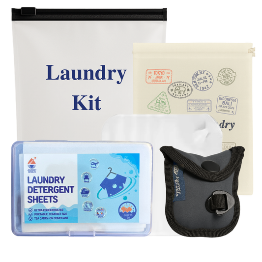 Journey Breeze travel laundry kit with detergent sheets, sink stopper, canvas pouch, and zip pouch
