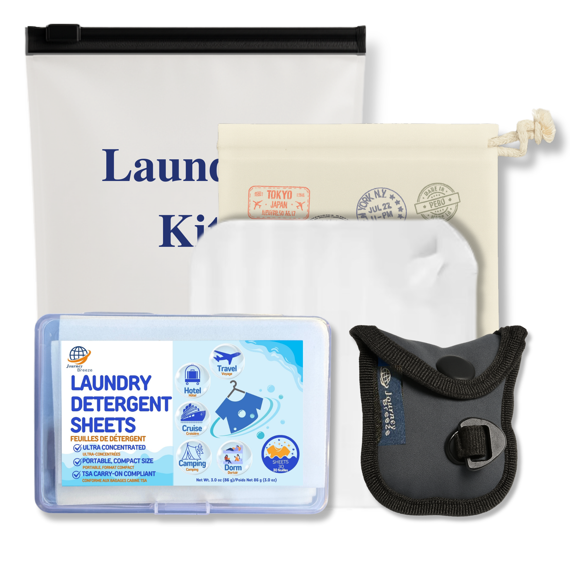 Journey Breeze travel laundry kit with detergent sheets, sink stopper, canvas pouch, and zip pouch