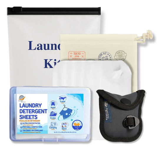 Journey Breeze travel laundry kit with detergent sheets, sink stopper, canvas pouch, and zip pouch
