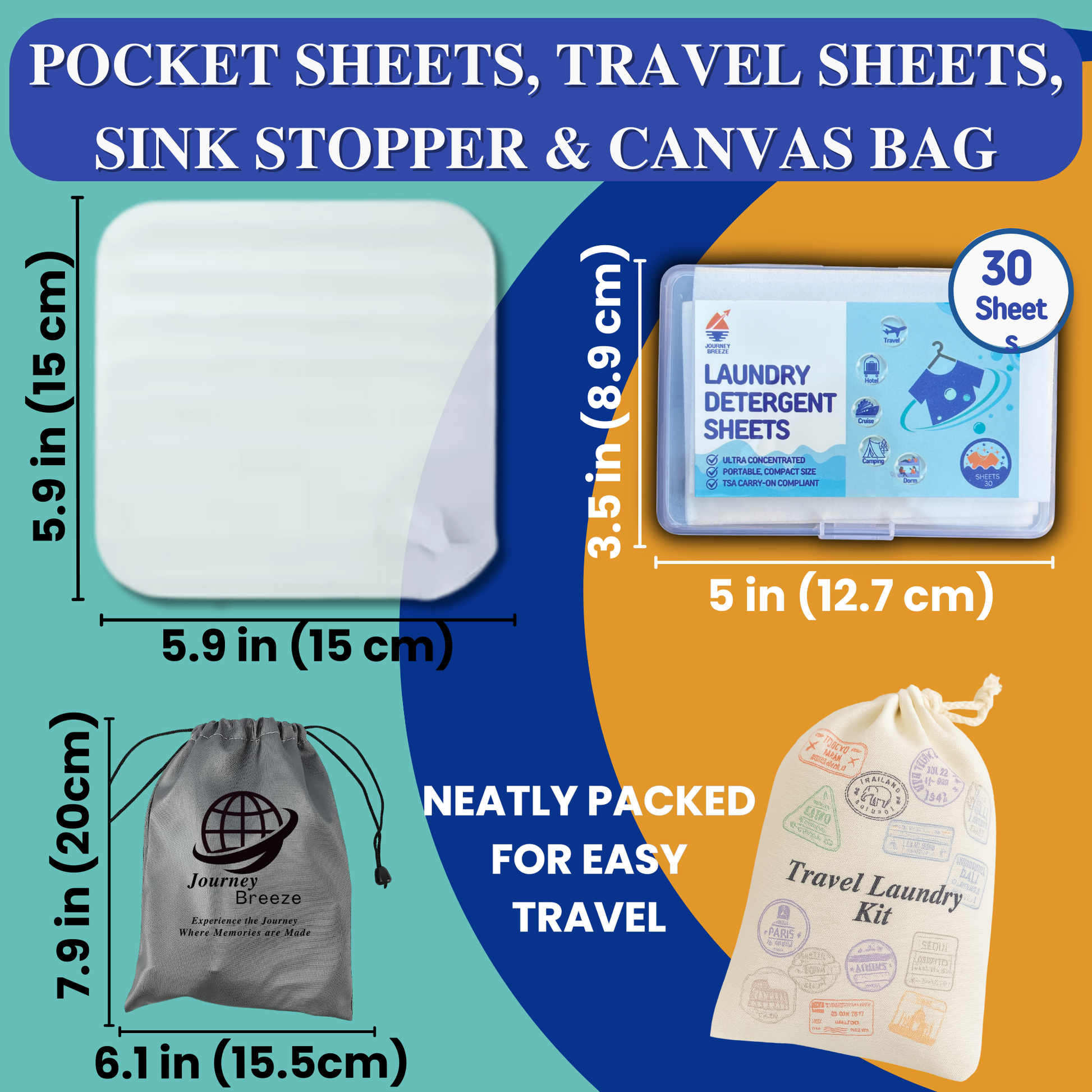 Travel laundry kit size guide showing pocket sheets, travel sheets case, sink stopper, and canvas bag dimensions