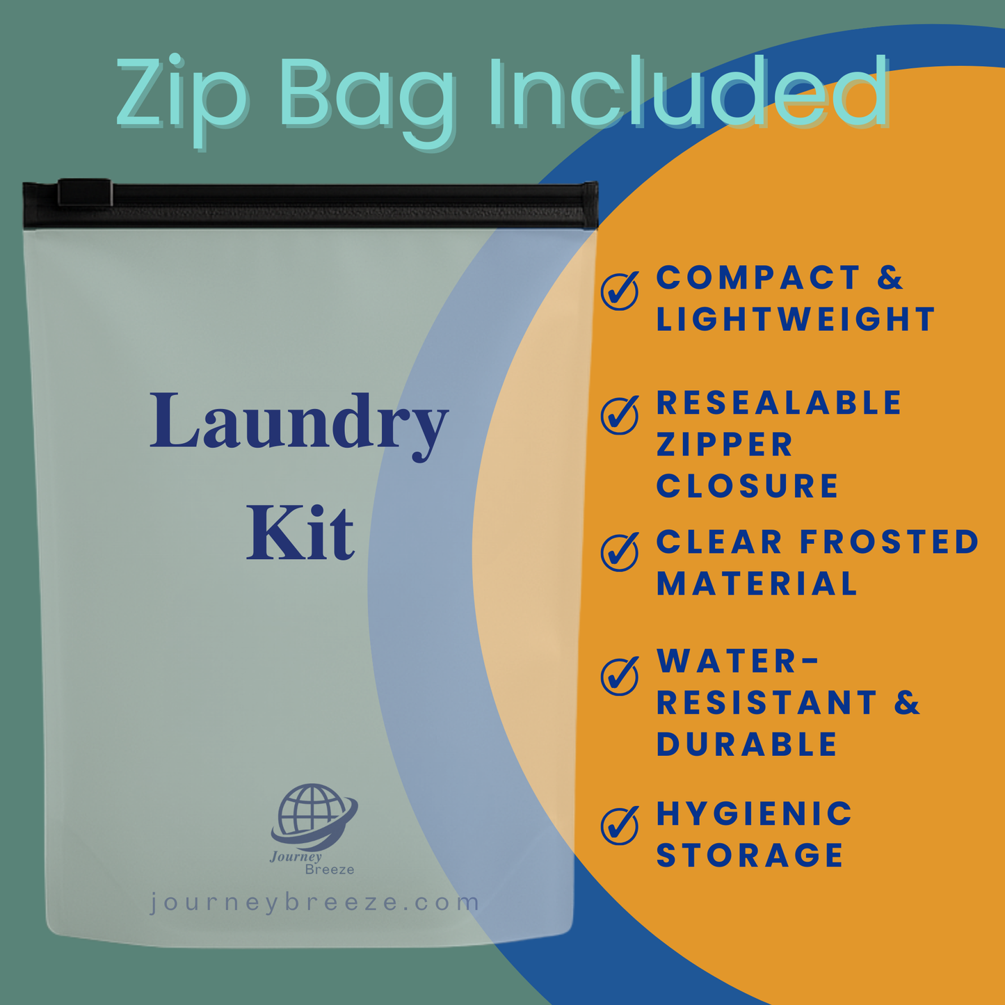 Frosted zip storage bag included in Journey Breeze travel laundry kit, compact, water-resistant, and resealable
