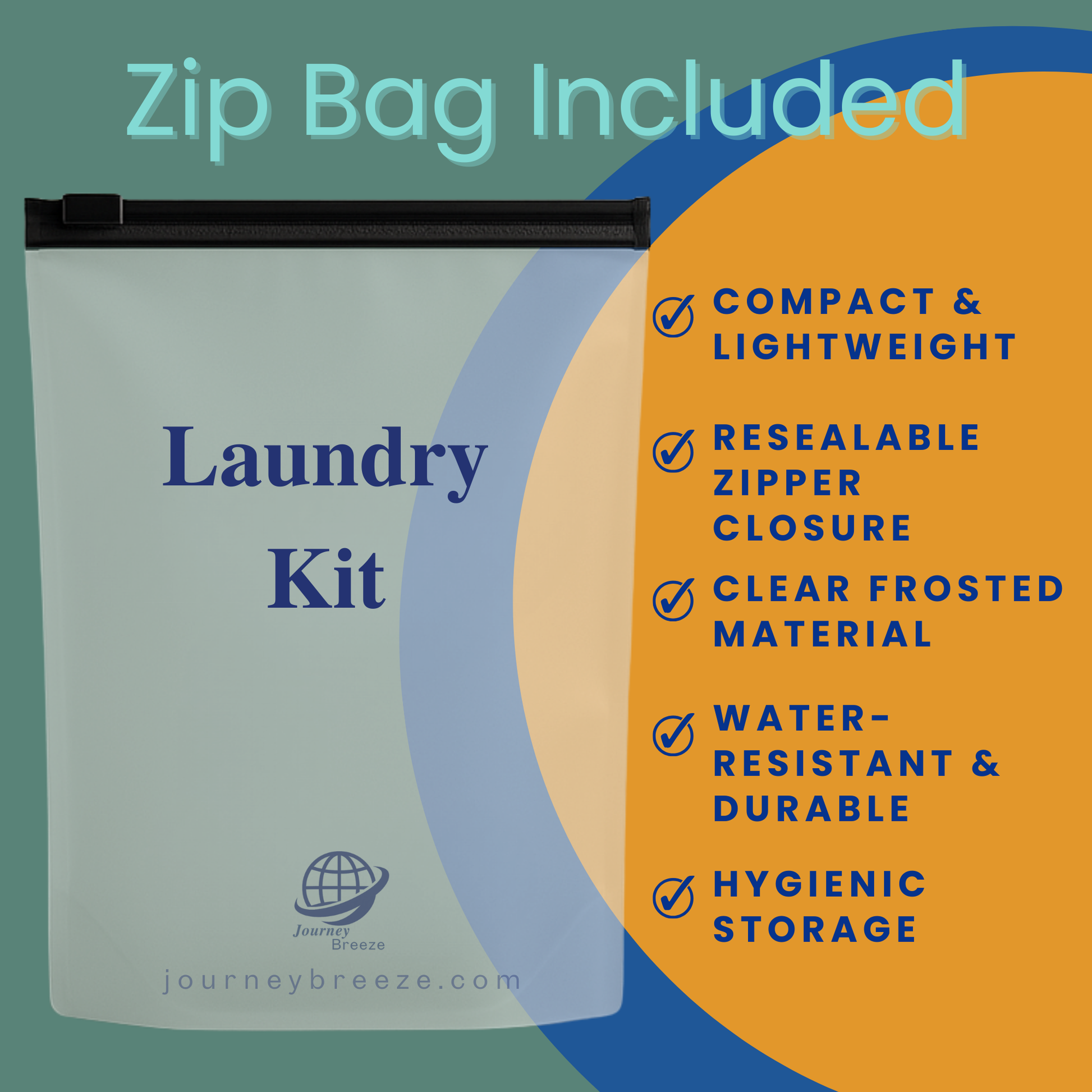 Frosted zip storage bag included in Journey Breeze travel laundry kit, compact, water-resistant, and resealable