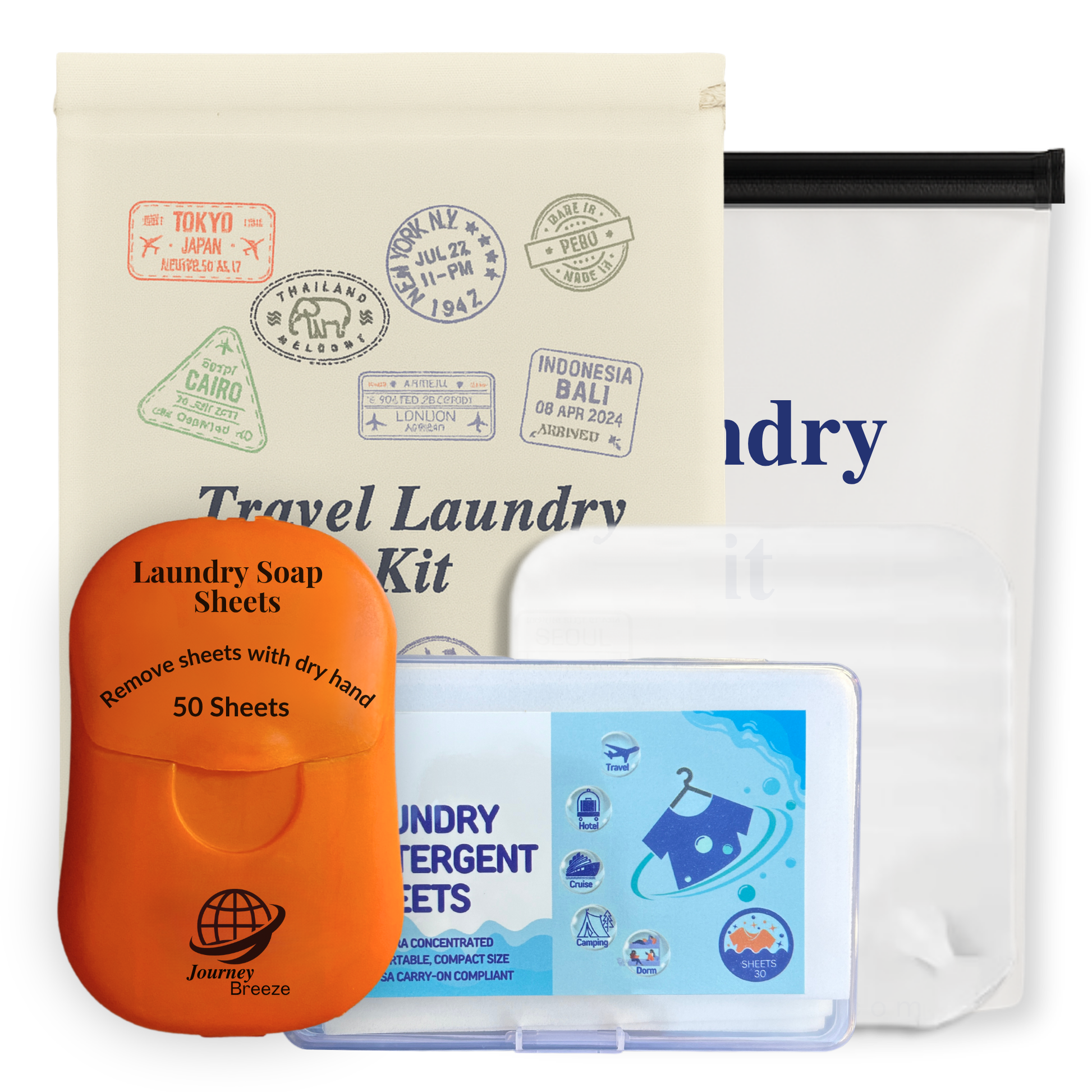 Journey Breeze travel laundry kit with detergent sheets, sink stopper, canvas pouch, and zip pouch.