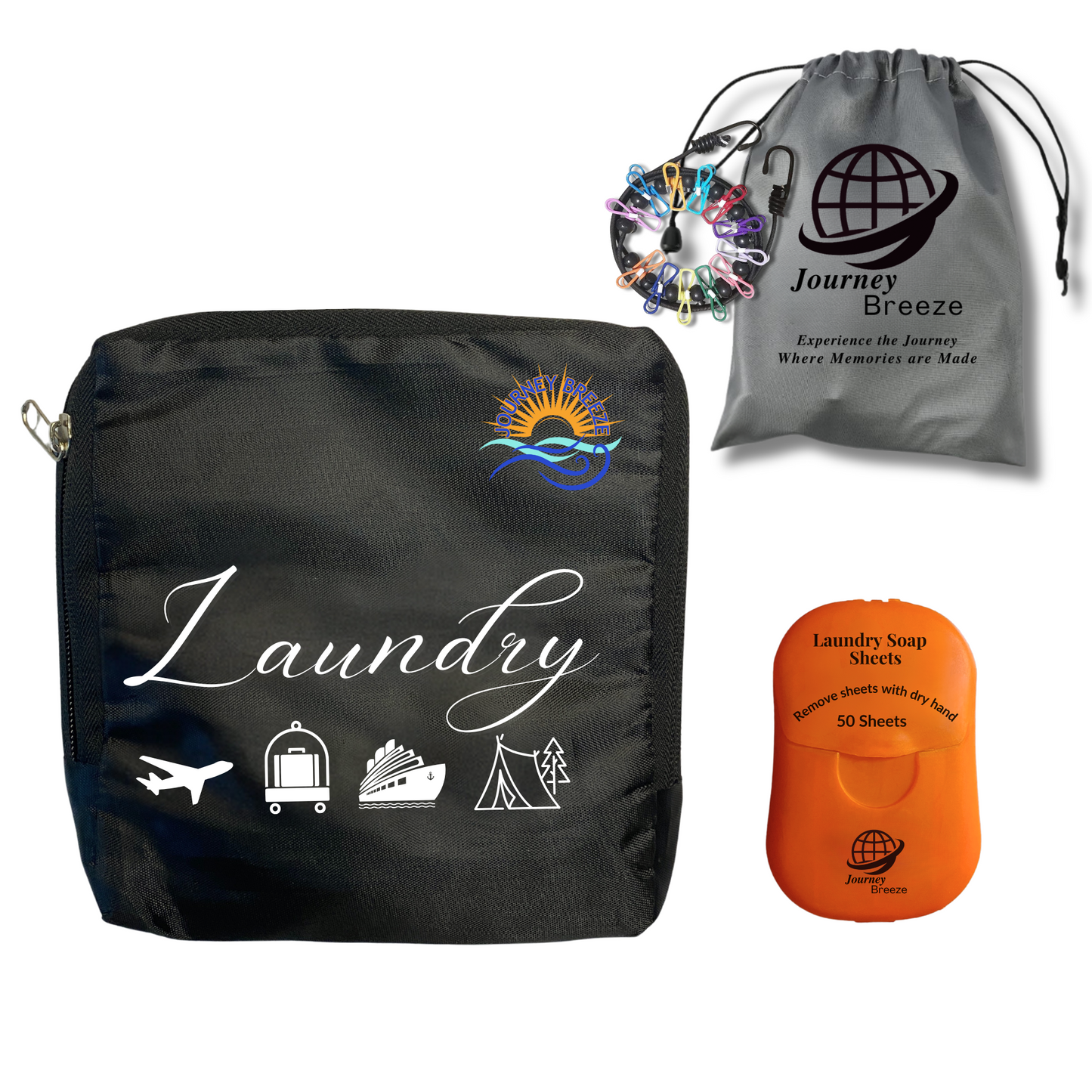 Travel laundry kit with hand-wash detergent sheets, clip clothesline, and foldable laundry bag