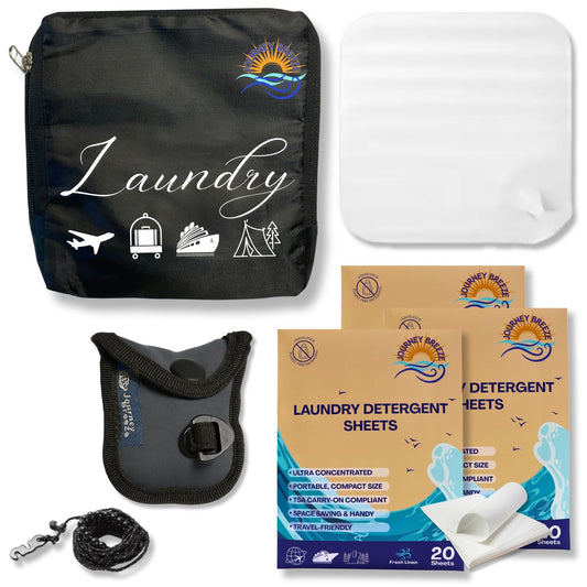 Travel Laundry Kit – Detergent sheets, clothesline, laundry bag, and sink stopper for washing anywhere