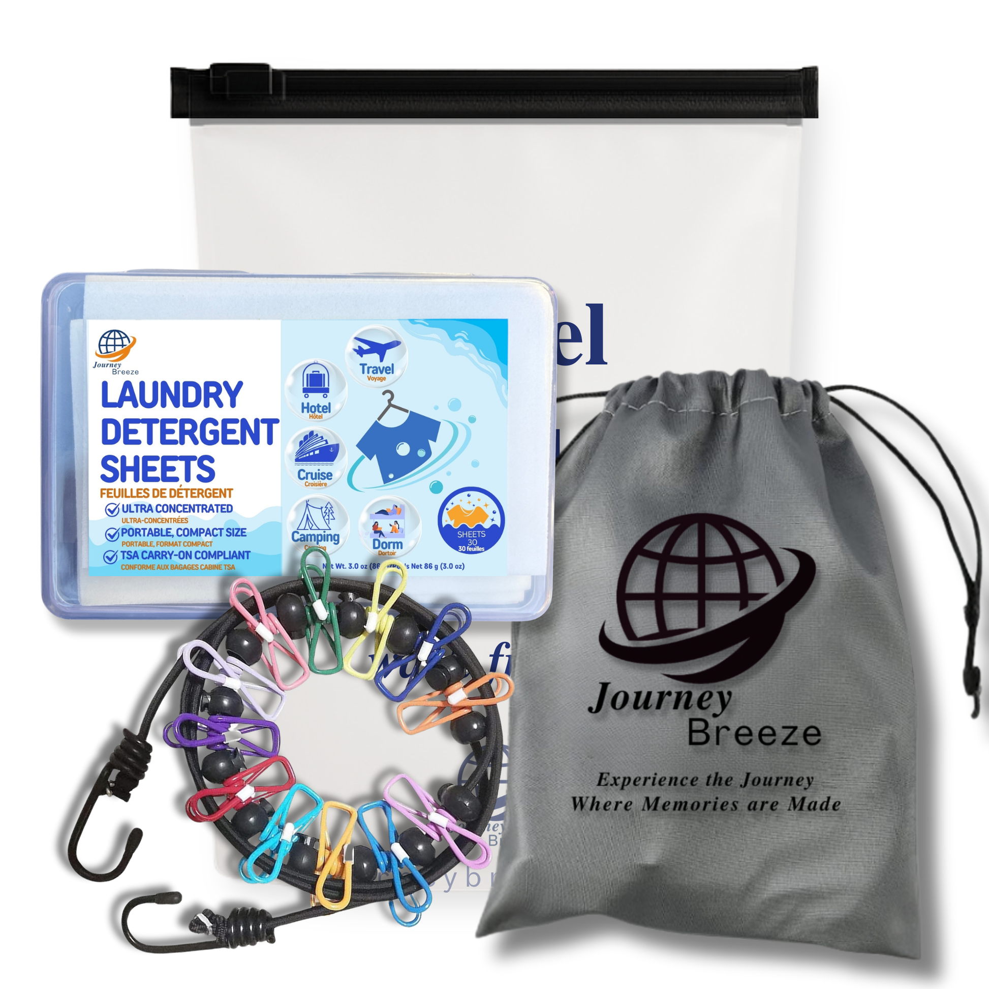 Travel laundry kit with detergent sheets, elastic clothesline, and reusable zip pouch