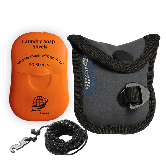 Travel Laundry Kit Essentials – Laundry detergent sheets, portable clothesline, and zip pouch for washing and drying clothes while traveling.