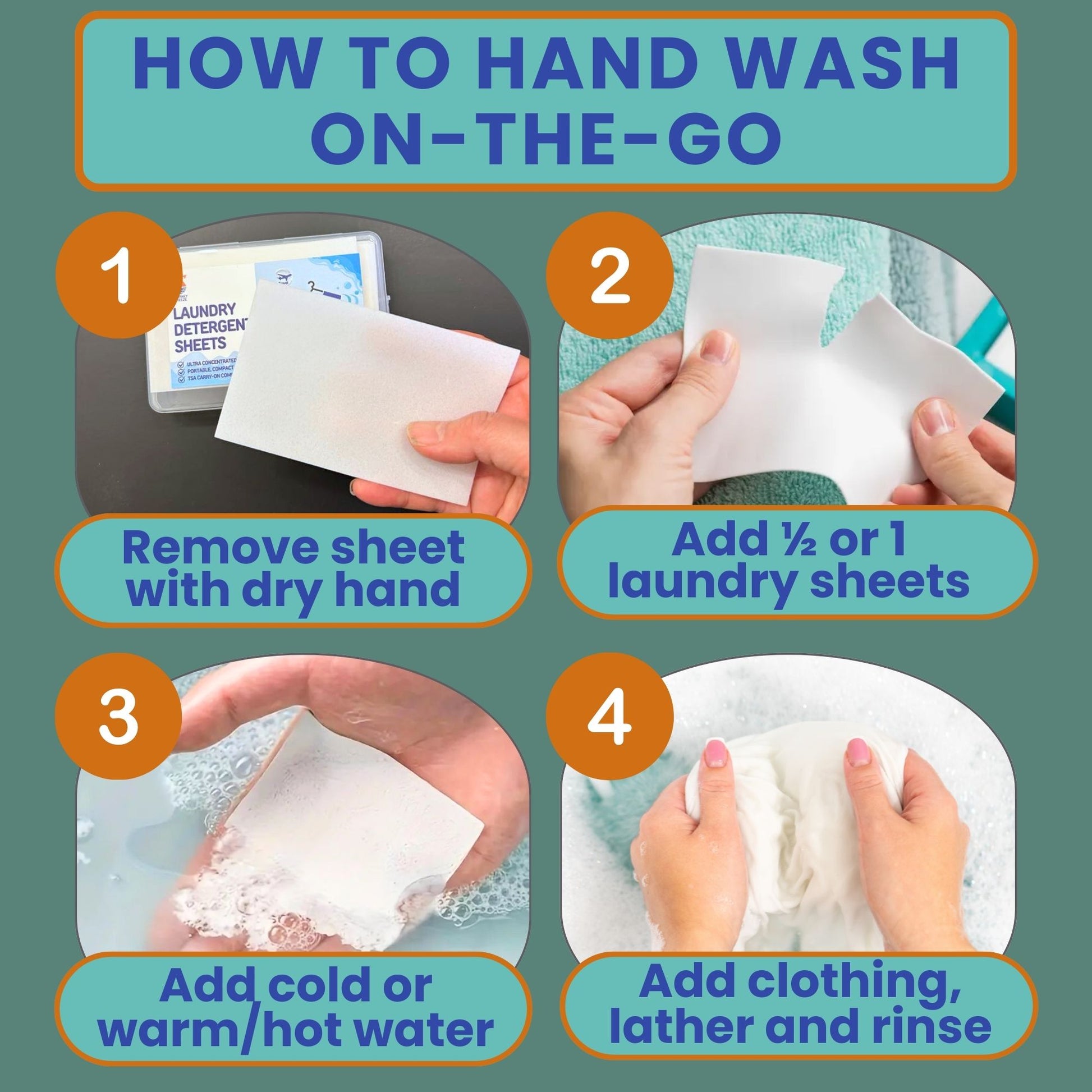 Step-by-step guide on how to hand wash clothes using journey breeze travel laundry detergent sheets.