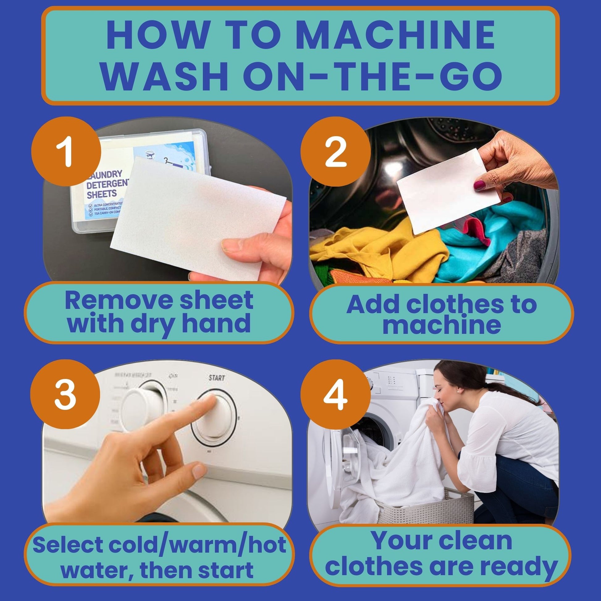 Step-by-step guide on how to machine wash clothes using journey breeze travel laundry detergent sheets.