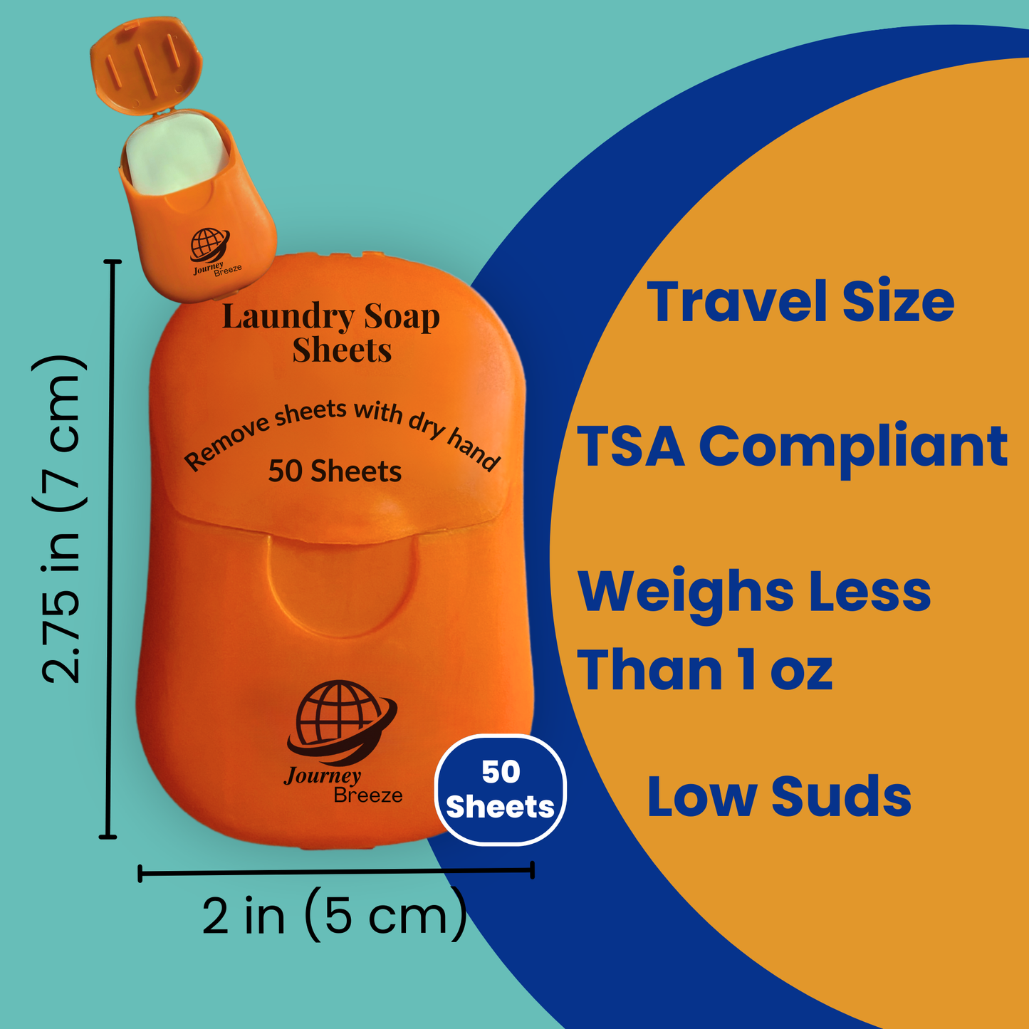 Travel size laundry soap sheets in pocket container, 50 sheets, TSA compliant and low suds