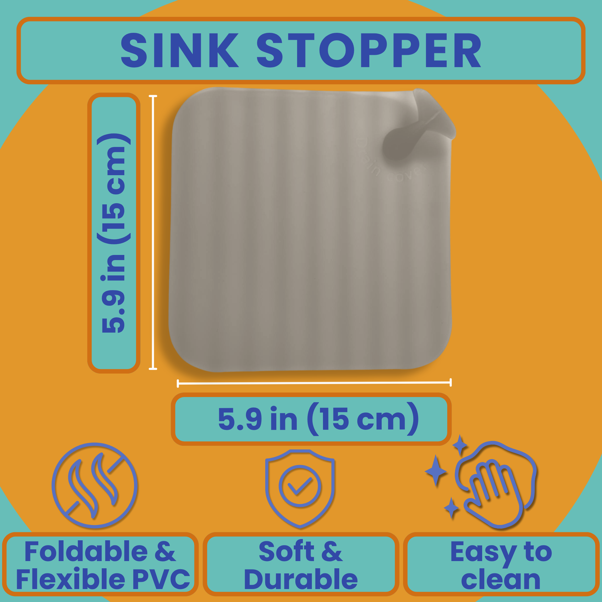 Flexible PVC travel sink stopper measuring 5.9 inches, soft, durable, and easy to clean.