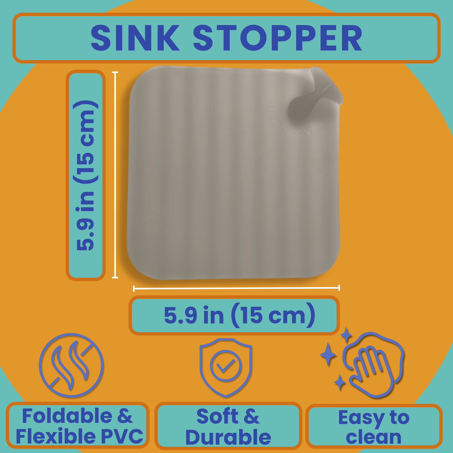 Foldable travel sink stopper with size dimensions, soft flexible PVC, and easy-clean design