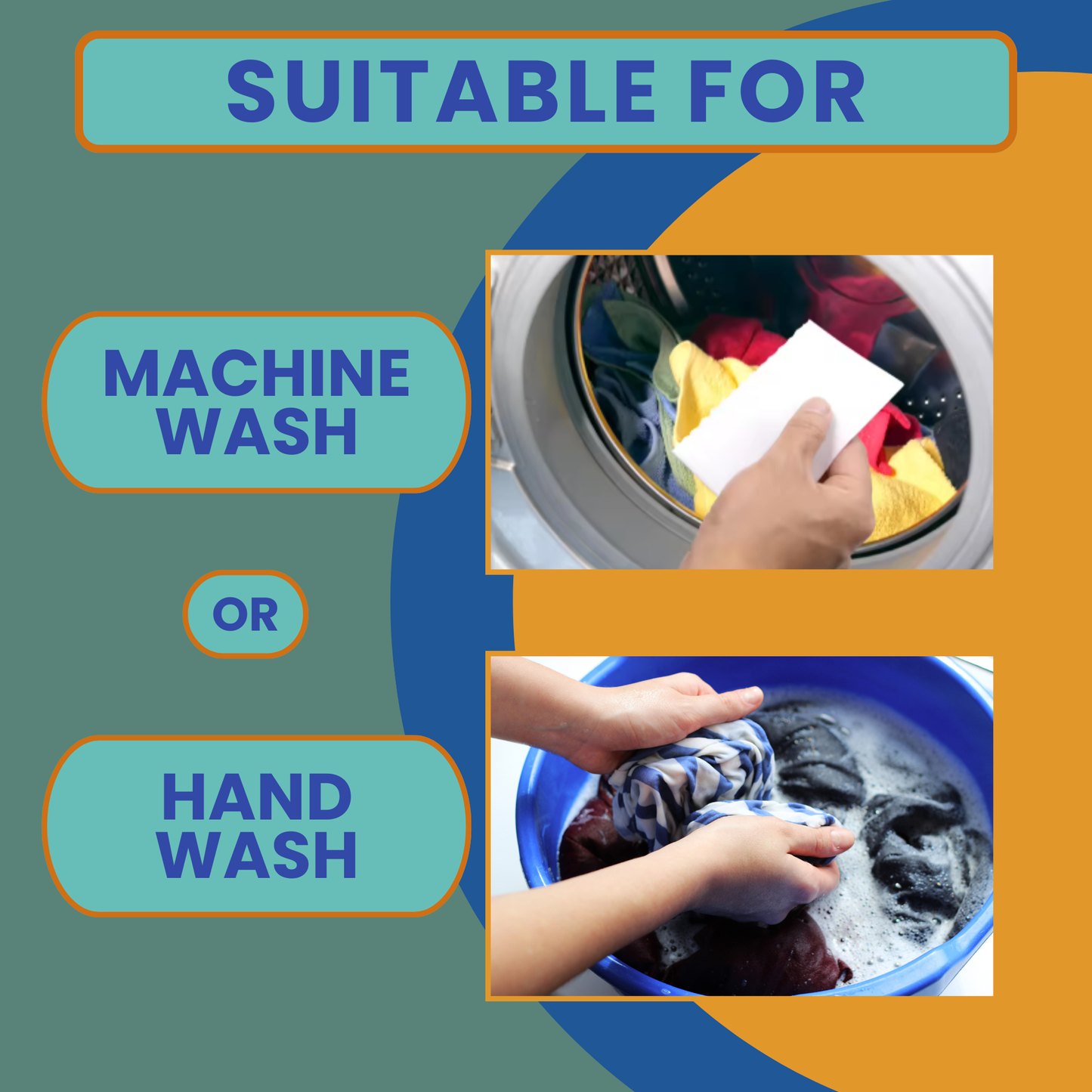 Text indicating suitability for machine or hand wash with images of washing machines and hands washing clothes.