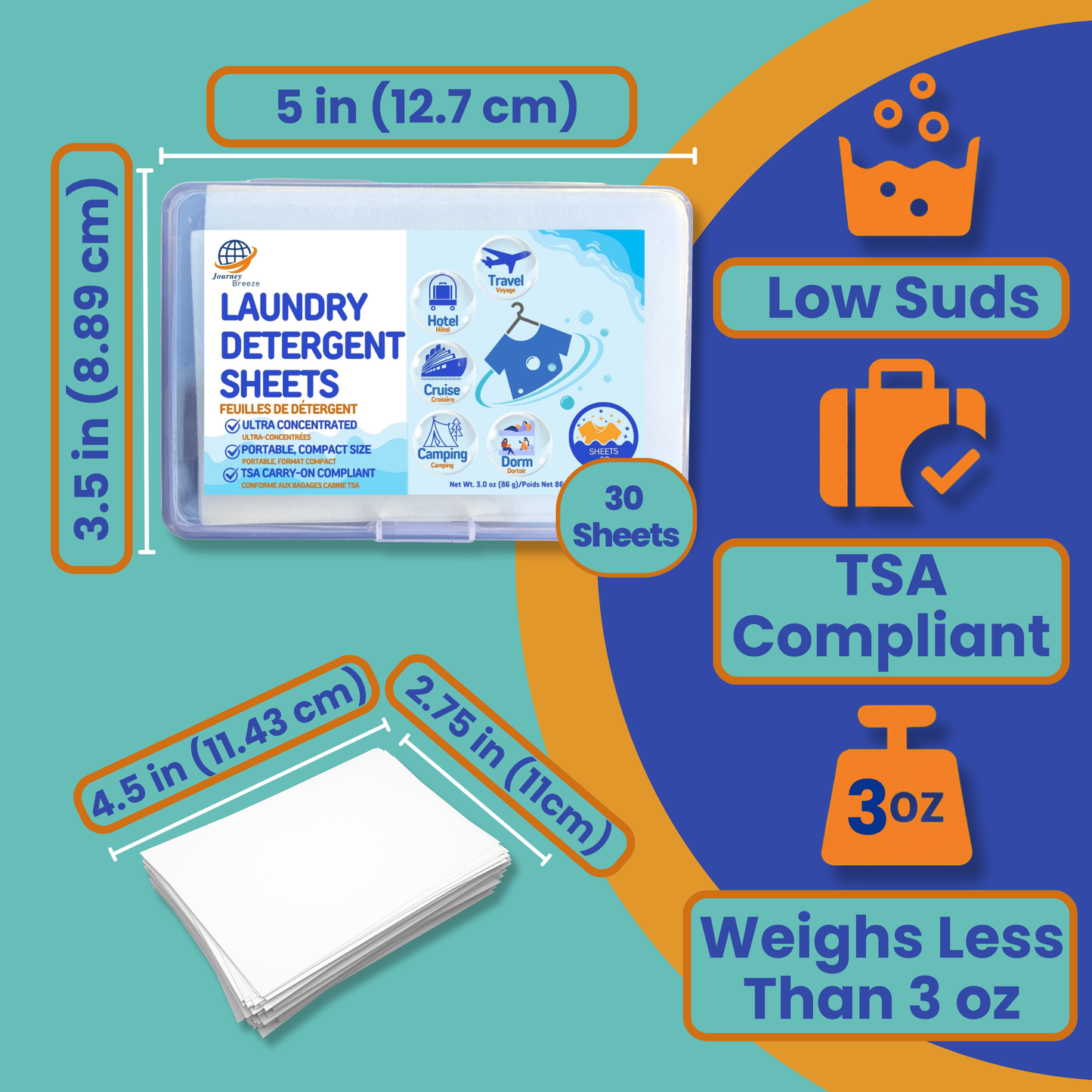 Portable laundry detergent sheets case with labeled travel size dimensions