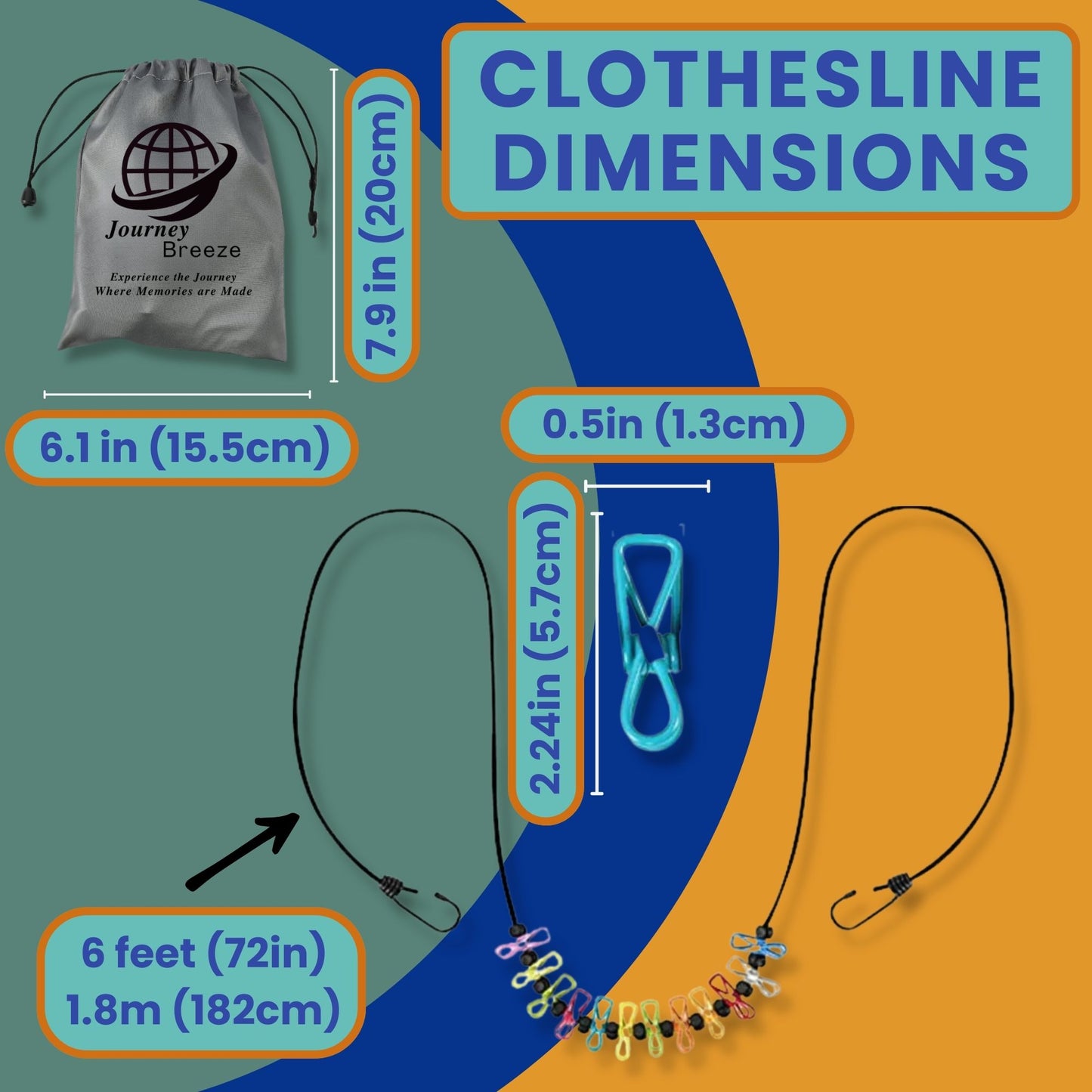 Travel clothesline dimensions showing length, clips, and storage pouch