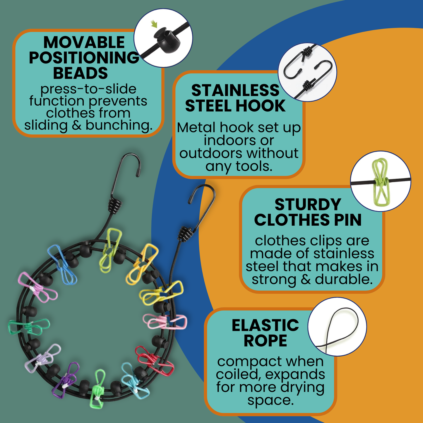 Elastic travel clothesline with stainless steel hooks and slip-resistant clips