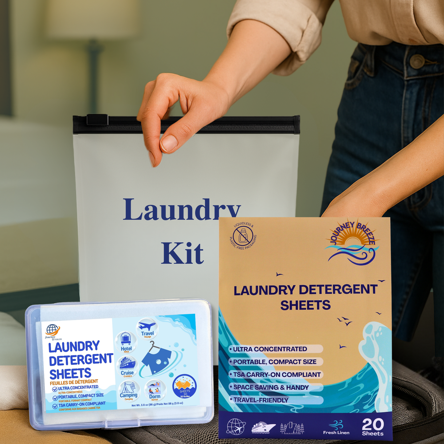 Compact travel laundry kit with detergent sheets shown during packing at home