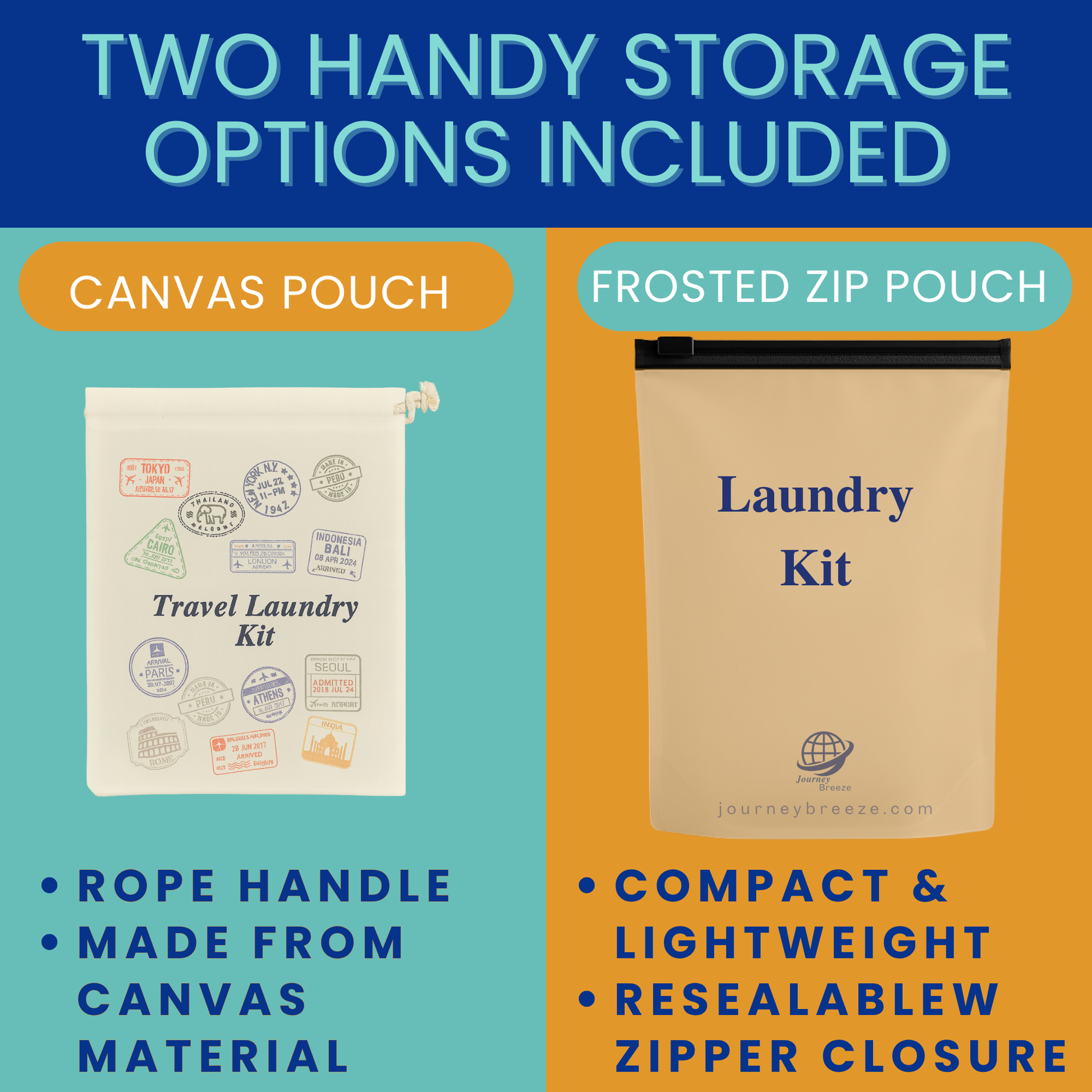 Canvas pouch and frosted zip pouch for organizing a travel laundry kit.