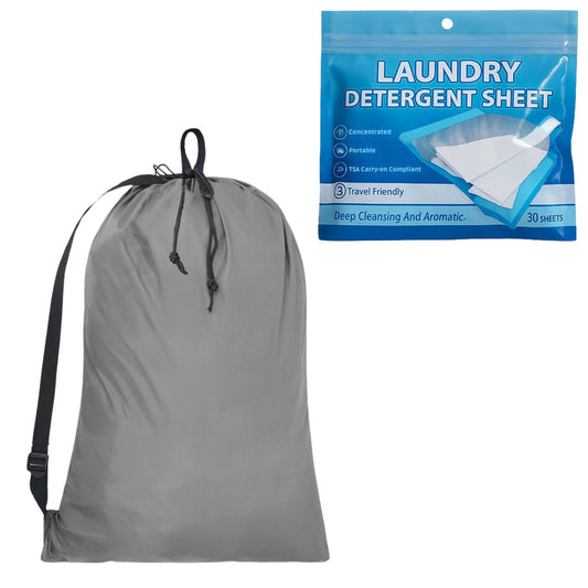 Large travel laundry bag with detergent sheets for hand or machine washing clothes